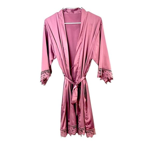 Chic Mauve Pink Lace Trimmed Robe Bridal Wedding Maternity One Size - Picture 1 of 12
